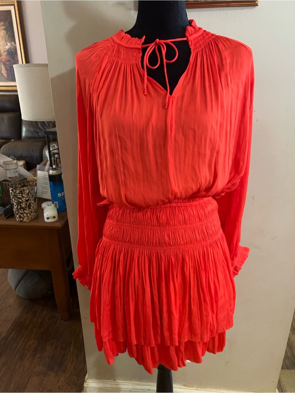 Current Air by Anthropologie Red Long-Sleeve Smocked Waist  Dress NWT